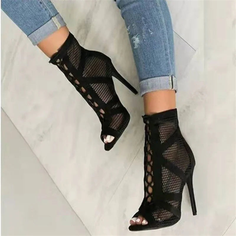 New Fashion Show Black Net Fabric Cross Strap Sexy High Heel Sandals