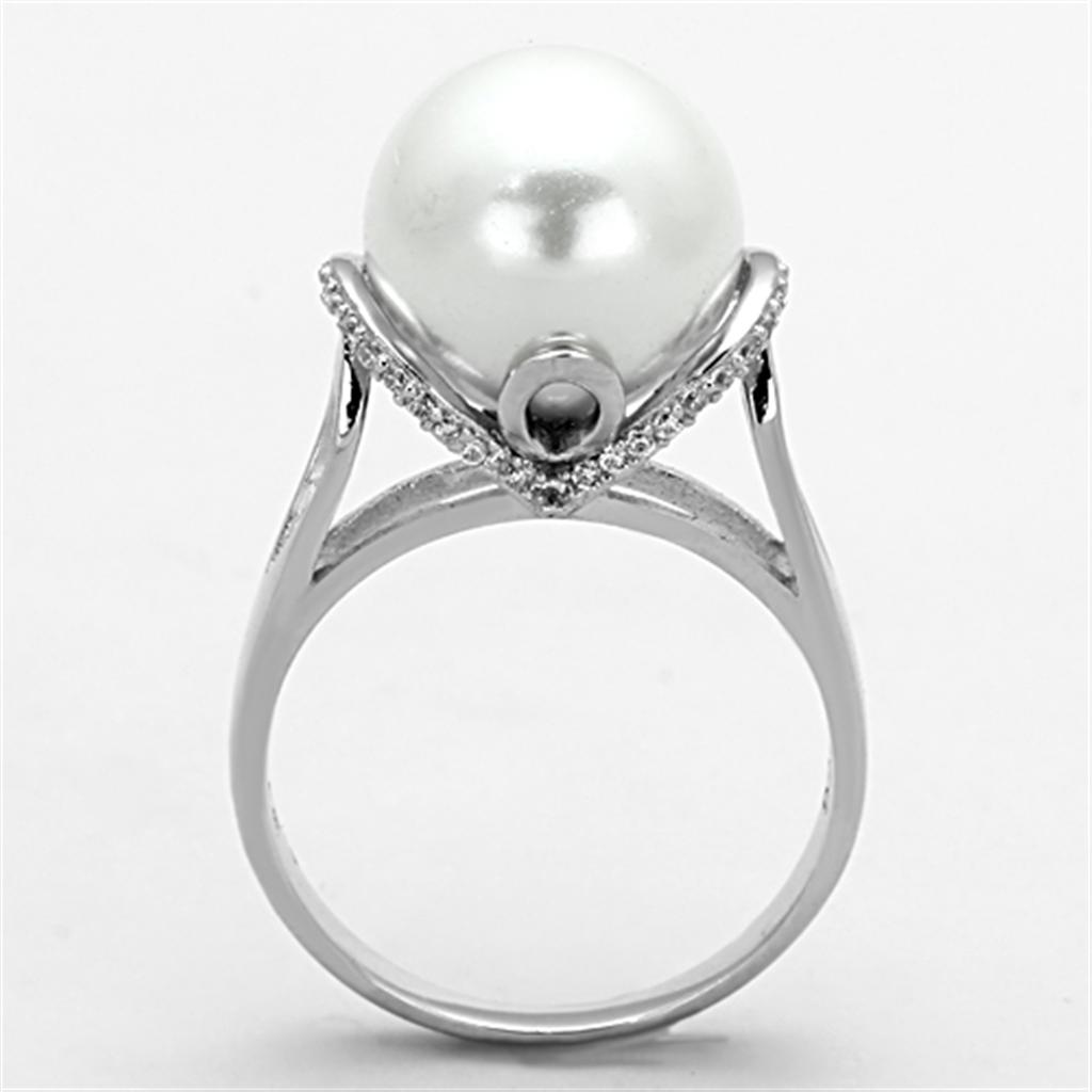 TS154 - Rhodium 925 Sterling Silver Ring with Synthetic Pearl in White