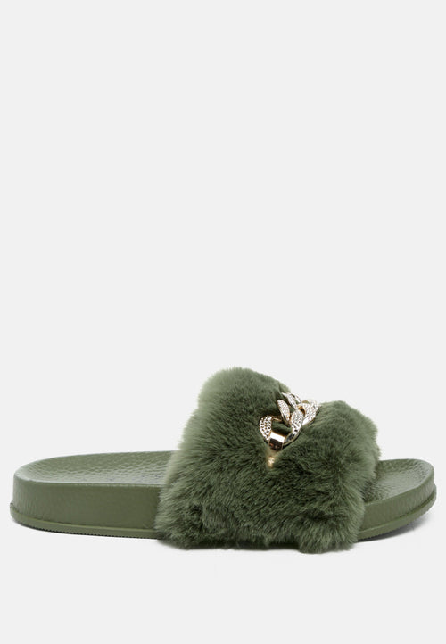 Chums Metal Chain Detail Fur Slides