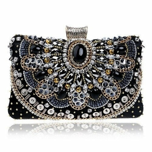 Embroidery Women Handbags Beaded Chain Accessory Metal Day Clutches