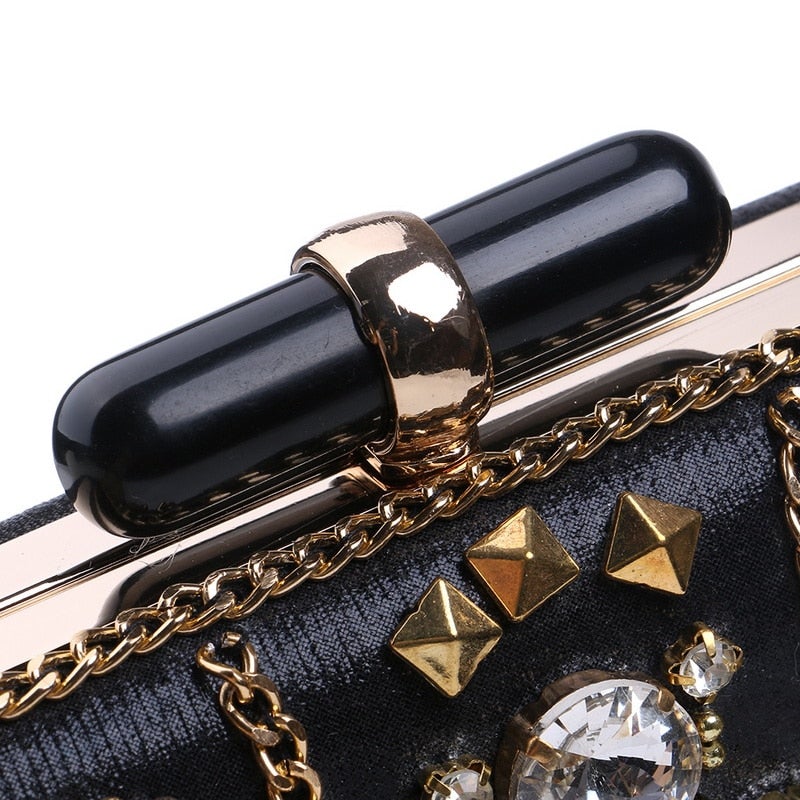 Embroidery Women Handbags Beaded Chain Accessory Metal Day Clutches