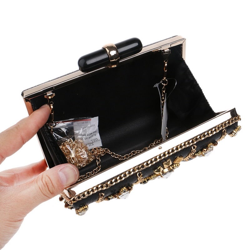 Embroidery Women Handbags Beaded Chain Accessory Metal Day Clutches