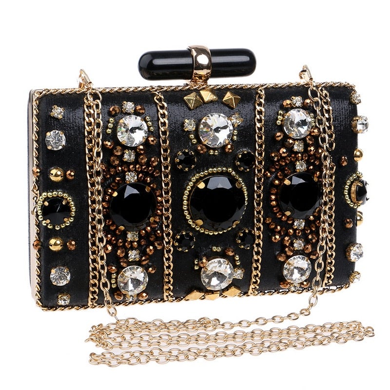 Embroidery Women Handbags Beaded Chain Accessory Metal Day Clutches