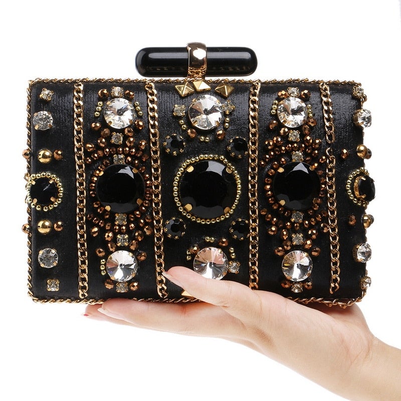 Embroidery Women Handbags Beaded Chain Accessory Metal Day Clutches