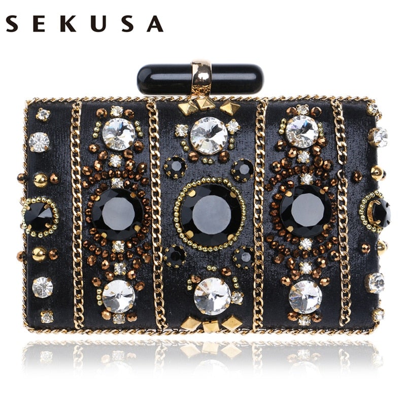 Embroidery Women Handbags Beaded Chain Accessory Metal Day Clutches