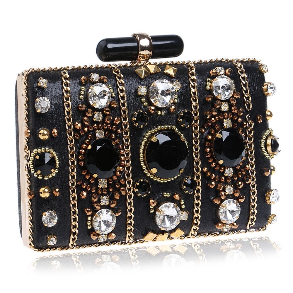 Embroidery Women Handbags Beaded Chain Accessory Metal Day Clutches