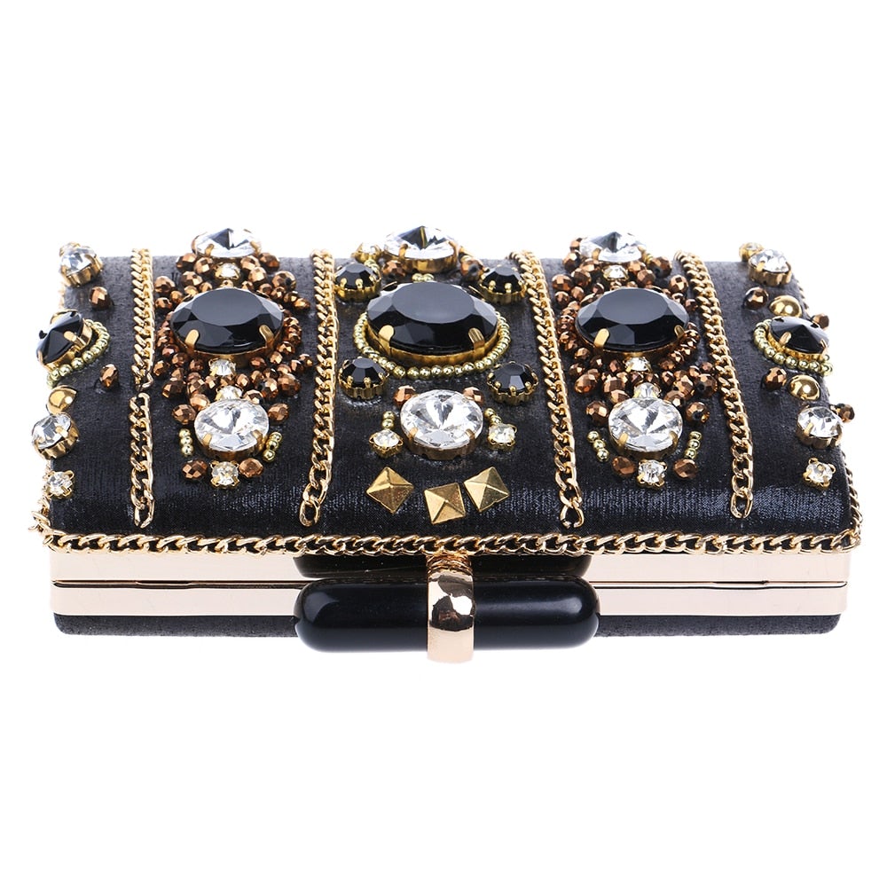 Embroidery Women Handbags Beaded Chain Accessory Metal Day Clutches